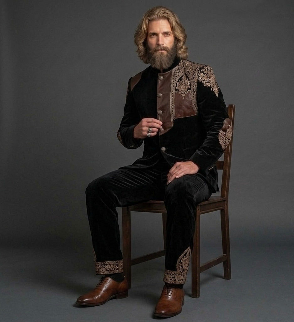 Regal Ember – Premium Black Velvet Jodhpuri Bandhgala Suit