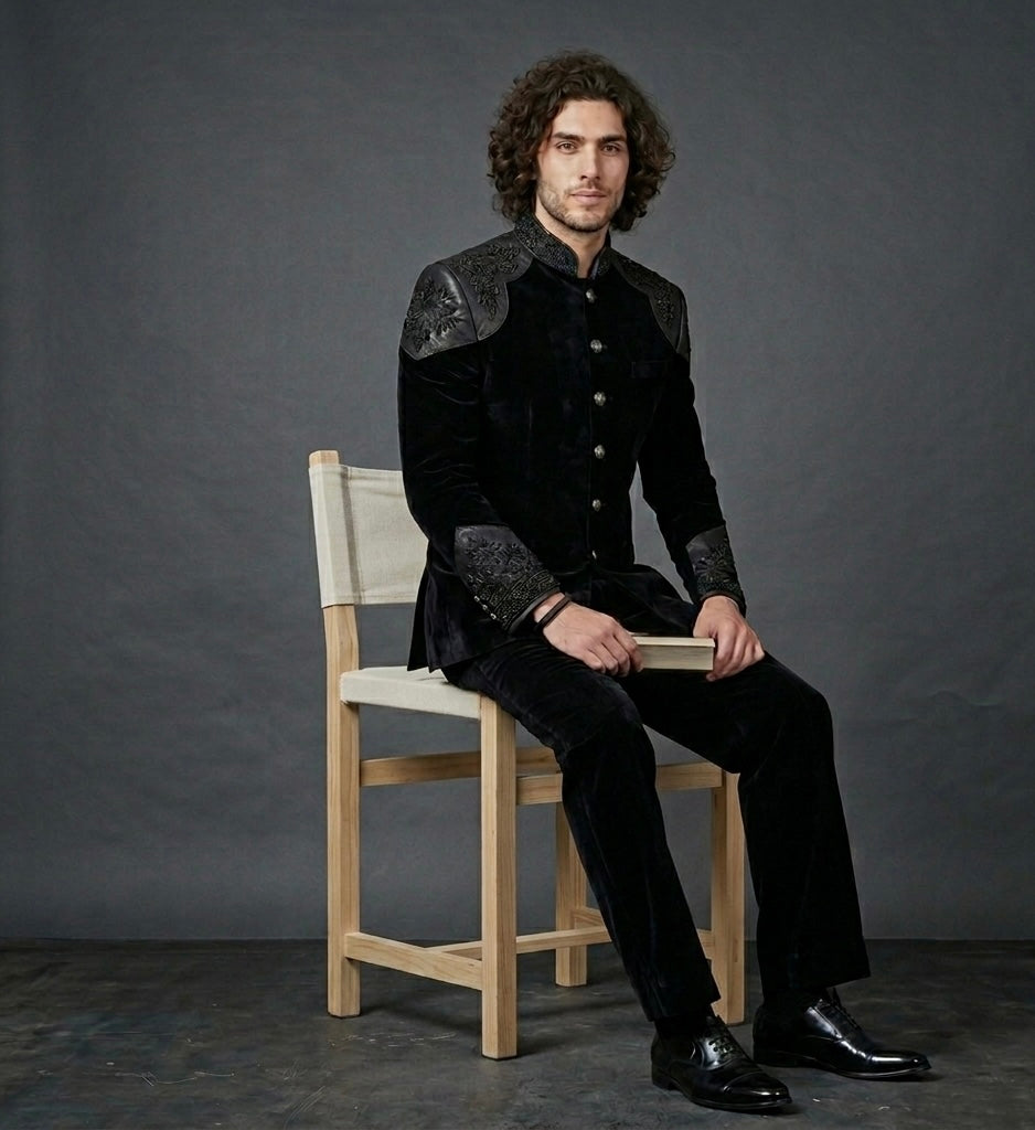 Royal Obsidian – Luxury Black Velvet Jodhpuri Suit