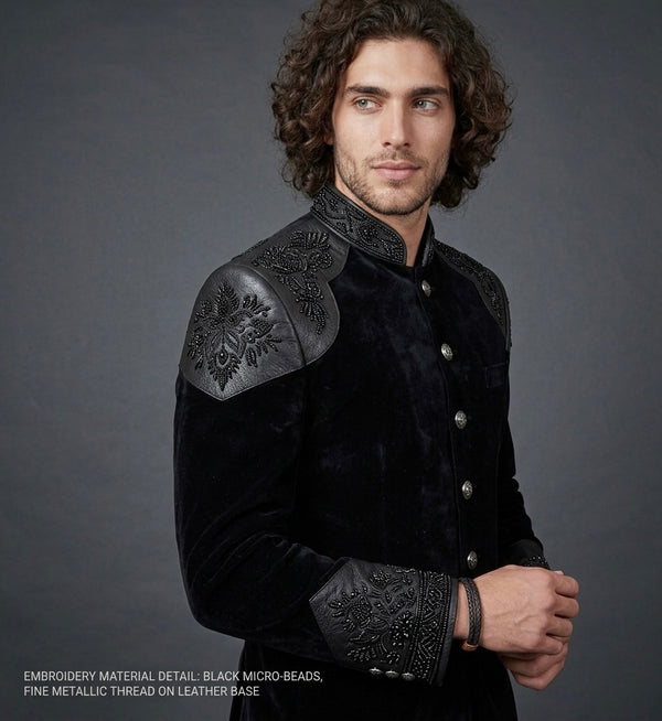 Royal Obsidian – Luxury Black Velvet Jodhpuri Suit