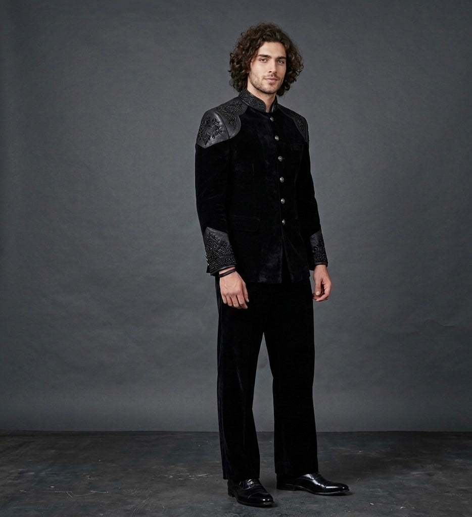Royal Obsidian – Luxury Black Velvet Jodhpuri Suit