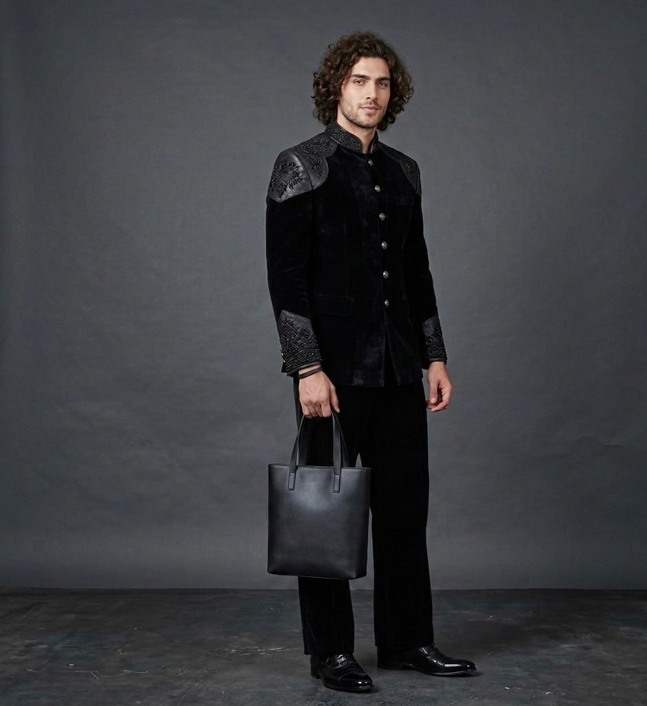 Royal Obsidian – Luxury Black Velvet Jodhpuri Suit