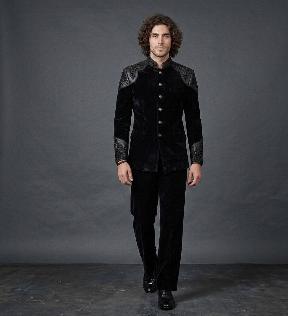 Royal Obsidian – Luxury Black Velvet Jodhpuri Suit