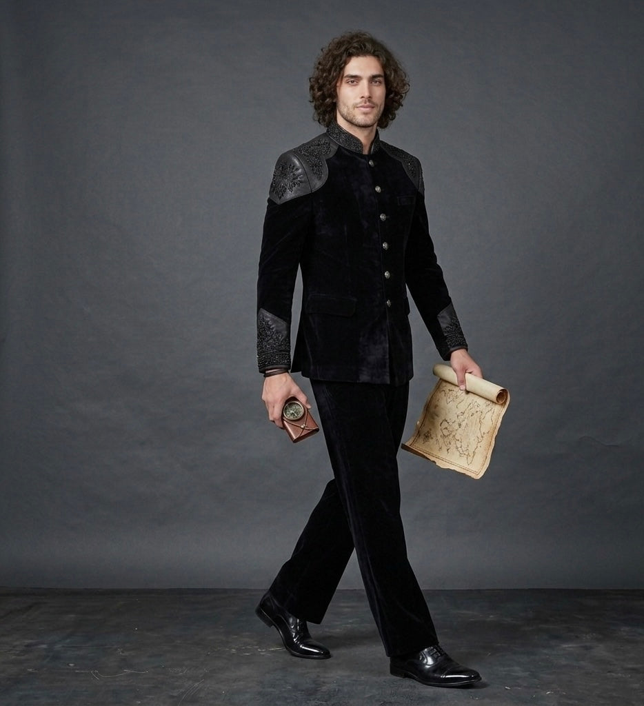 Royal Obsidian – Luxury Black Velvet Jodhpuri Suit