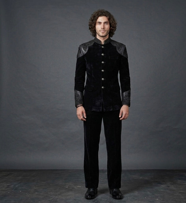 Royal Obsidian – Luxury Black Velvet Jodhpuri Suit