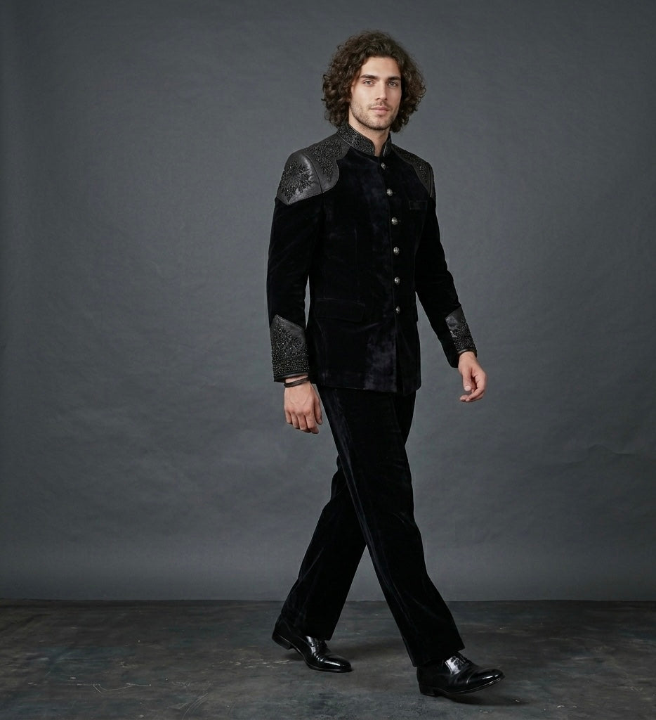 Royal Obsidian – Luxury Black Velvet Jodhpuri Suit