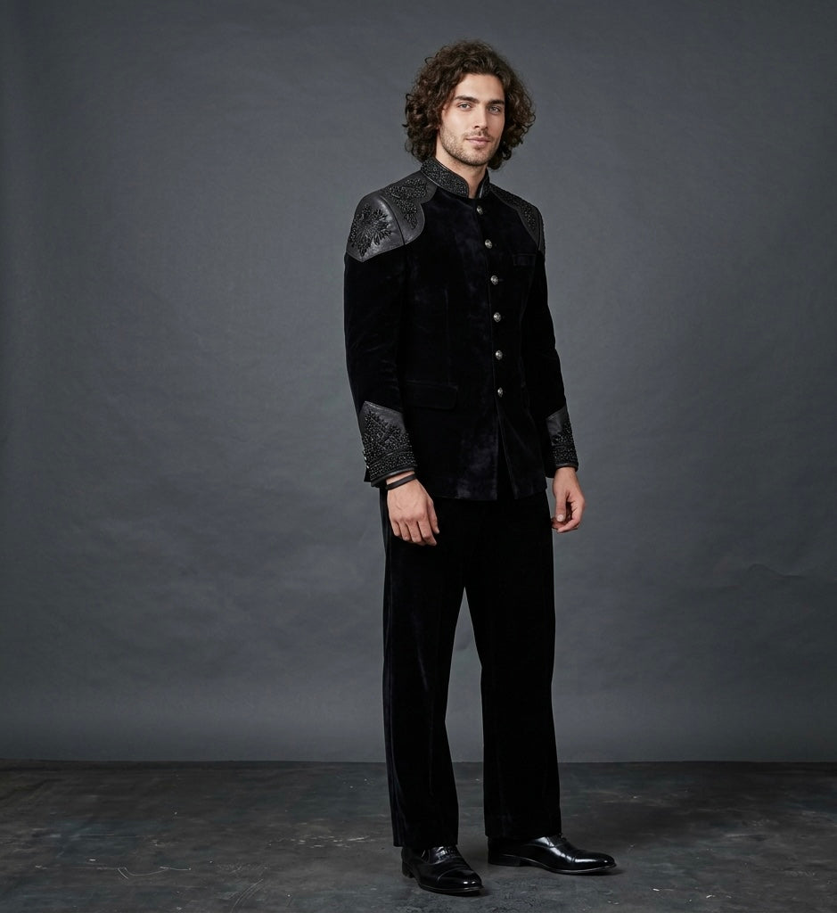 Royal Obsidian – Luxury Black Velvet Jodhpuri Suit