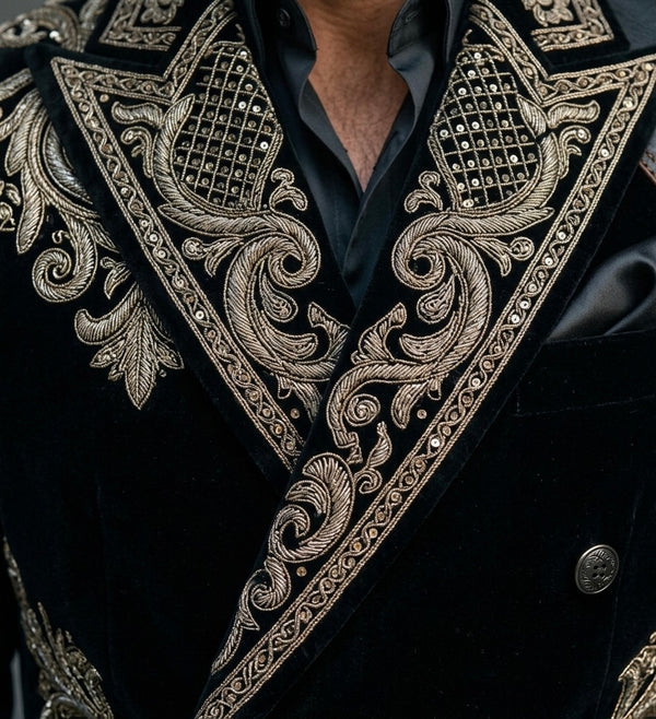 Imperial Noir – Luxury Metallic Embroidered Velvet Blazer Suit