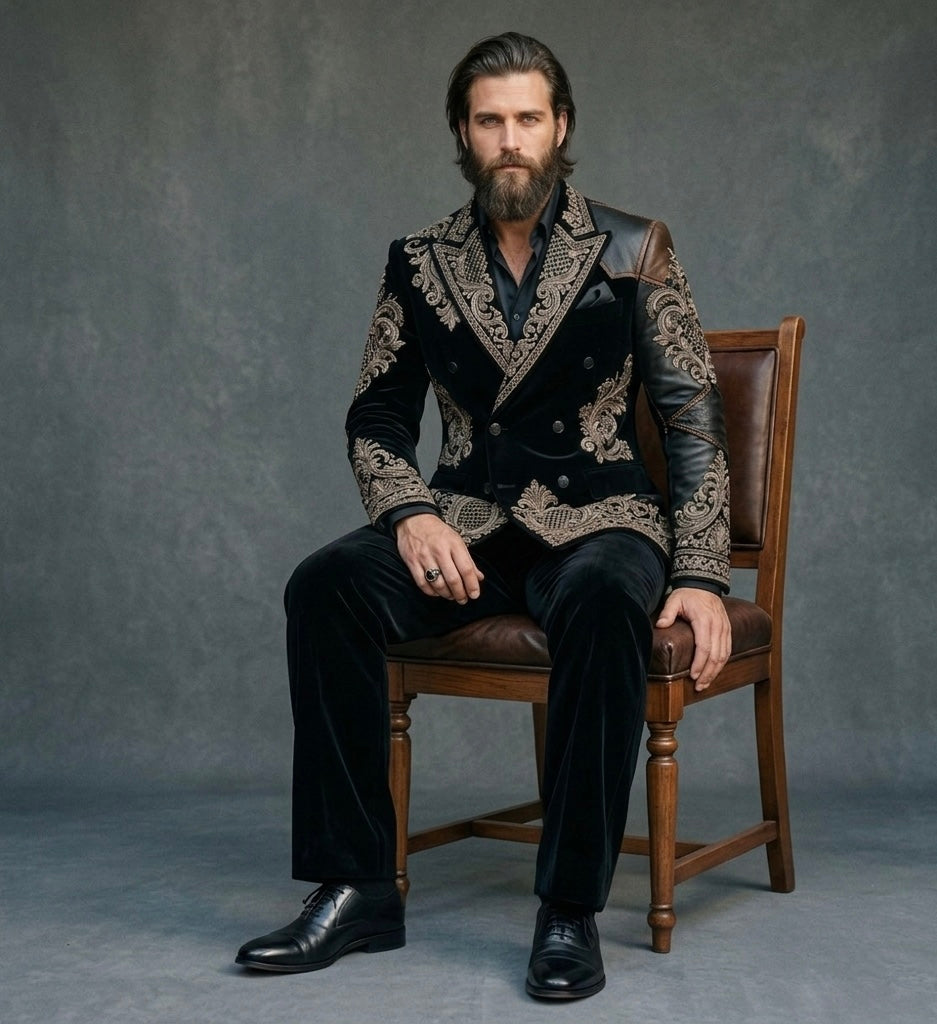 Imperial Noir – Luxury Metallic Embroidered Velvet Blazer Suit