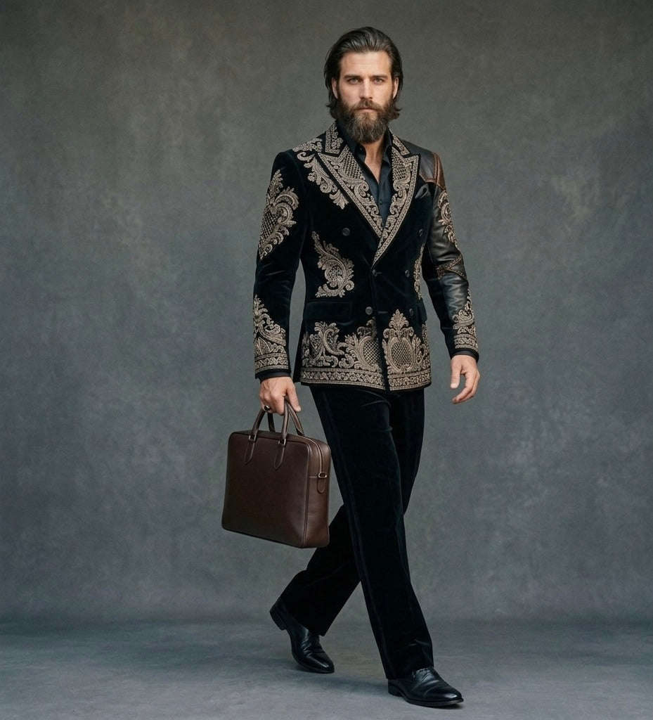 Imperial Noir – Luxury Metallic Embroidered Velvet Blazer Suit