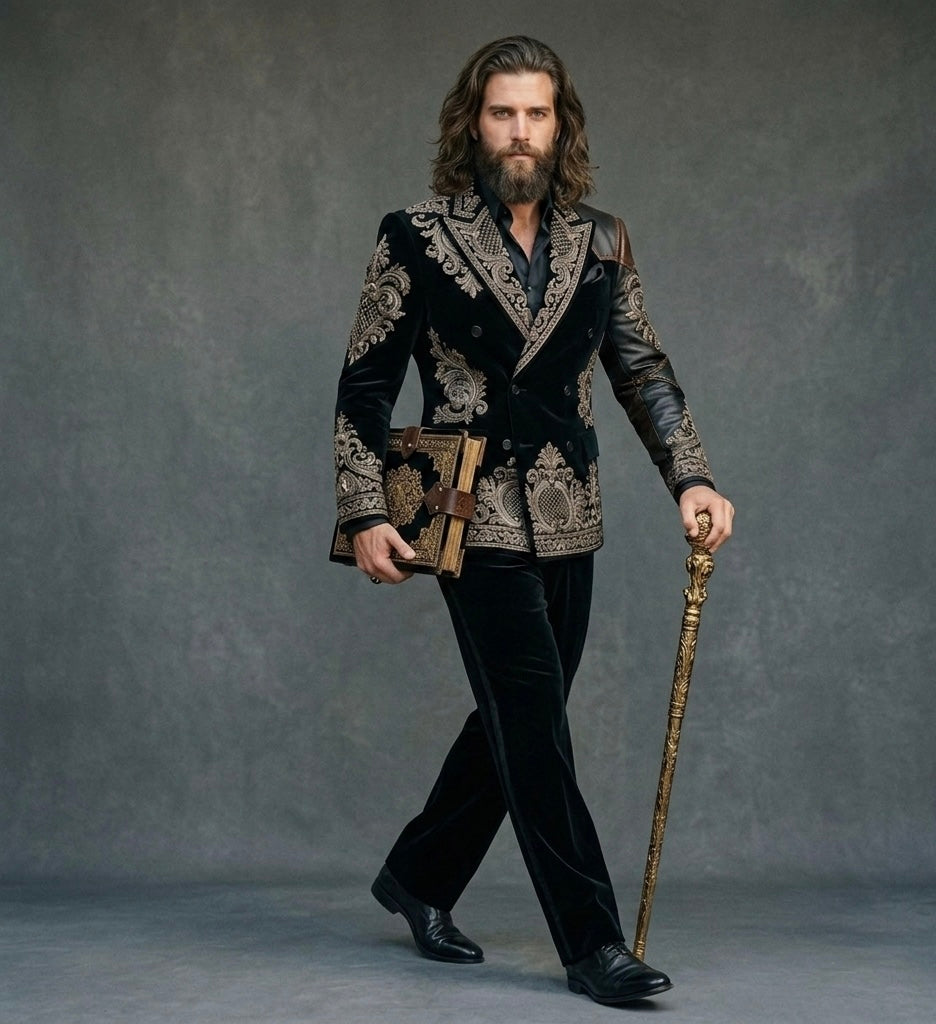 Imperial Noir – Luxury Metallic Embroidered Velvet Blazer Suit