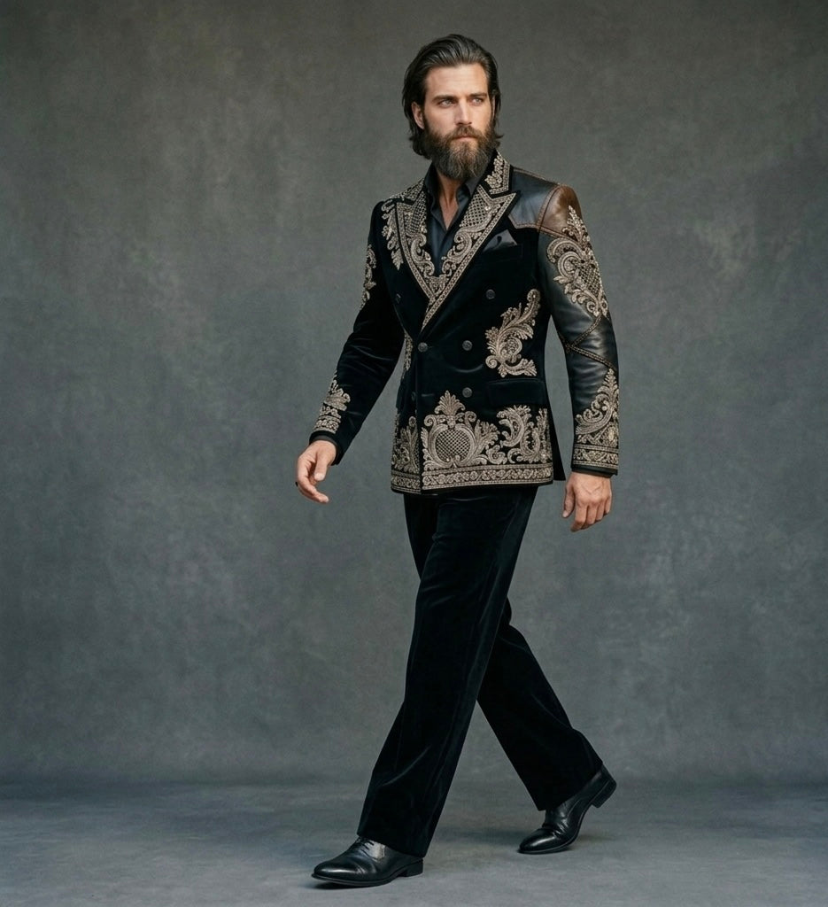 Imperial Noir – Luxury Metallic Embroidered Velvet Blazer Suit