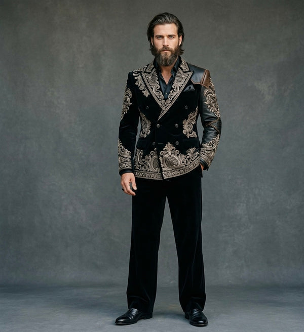 Imperial Noir – Luxury Metallic Embroidered Velvet Blazer Suit