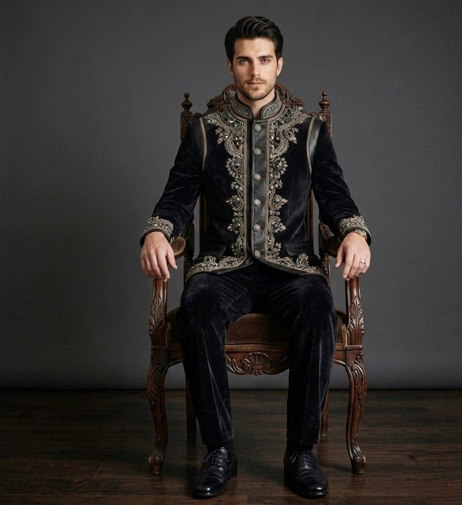 Midnight Monarch – Luxury Black Velvet Jodhpuri Bandhgala Suit