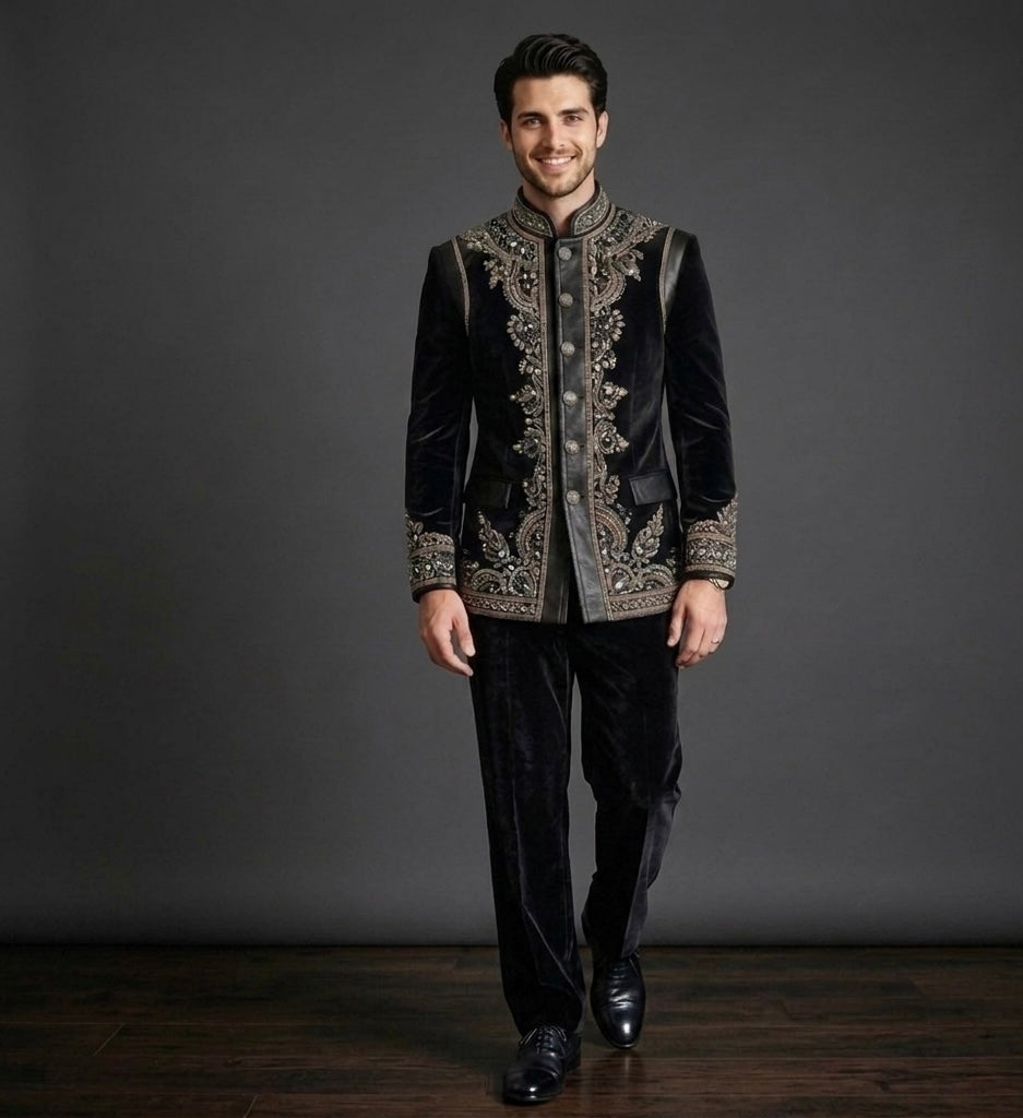 Midnight Monarch – Luxury Black Velvet Jodhpuri Bandhgala Suit
