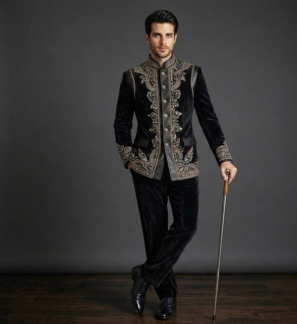Midnight Monarch – Luxury Black Velvet Jodhpuri Bandhgala Suit