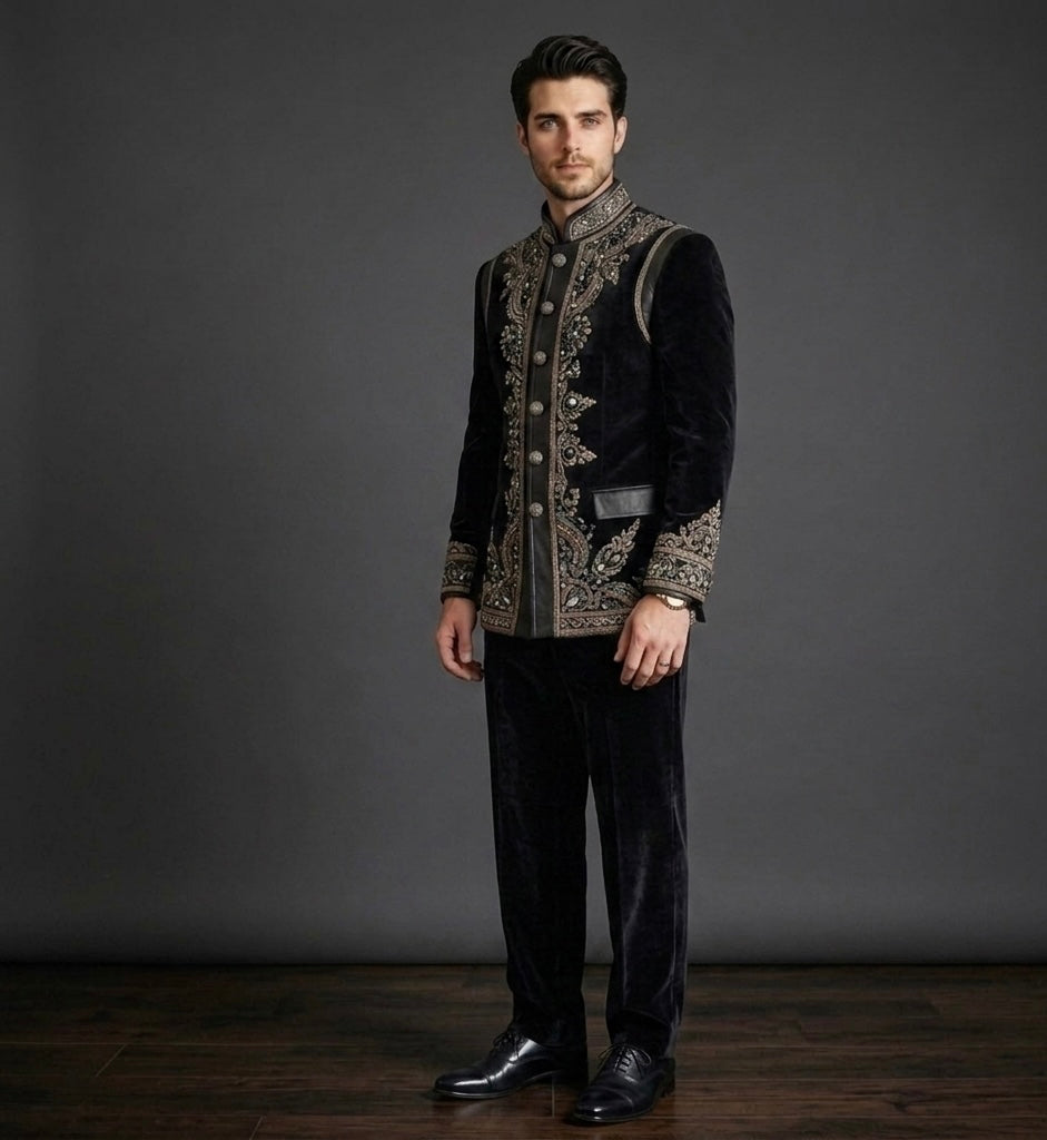 Midnight Monarch – Luxury Black Velvet Jodhpuri Bandhgala Suit