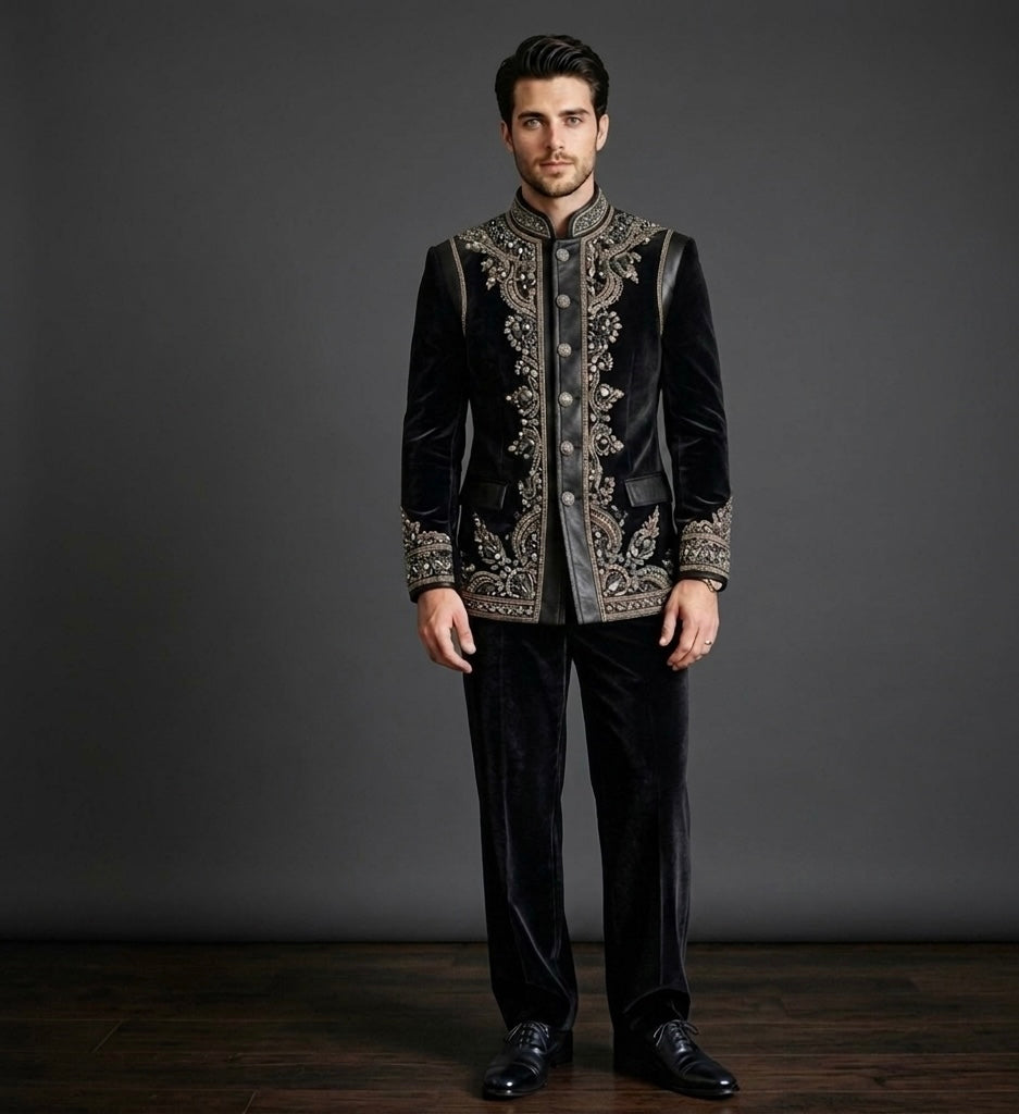 Midnight Monarch – Luxury Black Velvet Jodhpuri Bandhgala Suit