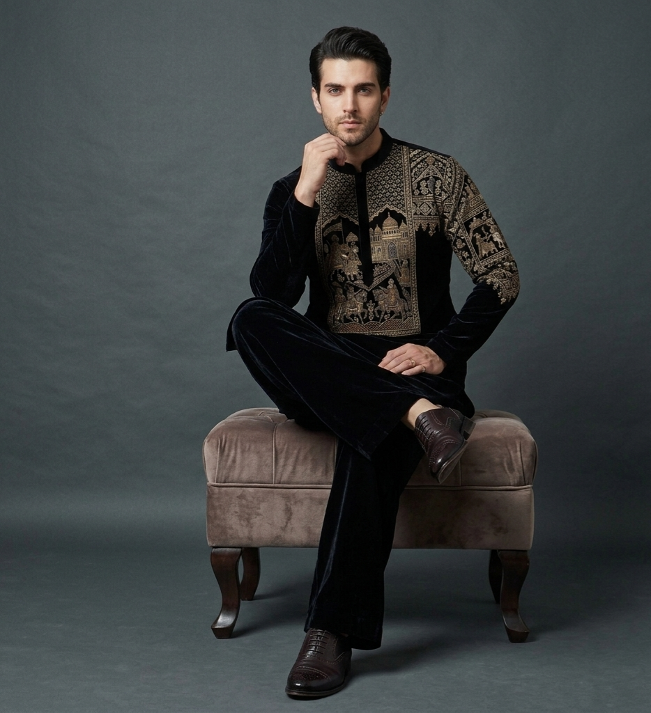 Midnight Empire – Luxury Hand Embroidered Velvet Kurta Set