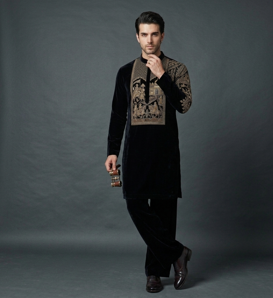 Midnight Empire – Luxury Hand Embroidered Velvet Kurta Set