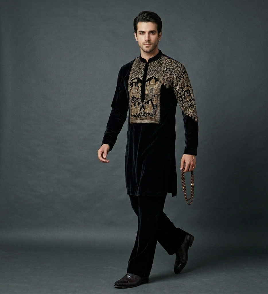 Midnight Empire – Luxury Hand Embroidered Velvet Kurta Set
