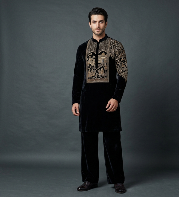 Midnight Empire – Luxury Hand Embroidered Velvet Kurta Set
