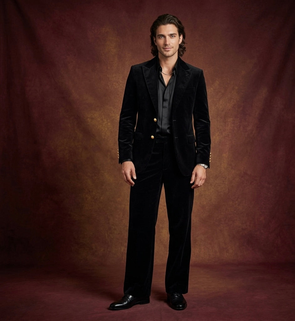 Luxury Black Velvet Suit for Men With Gold Buttons & Wide-Leg Bootcut Pants