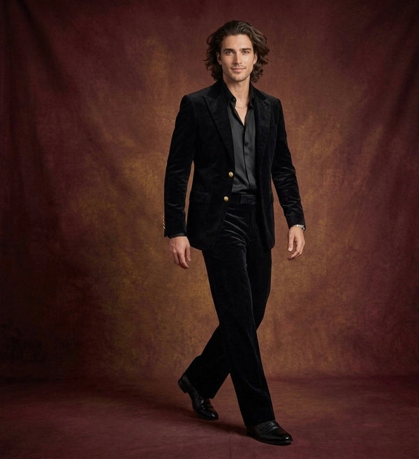 Luxury Black Velvet Suit for Men With Gold Buttons & Wide-Leg Bootcut Pants