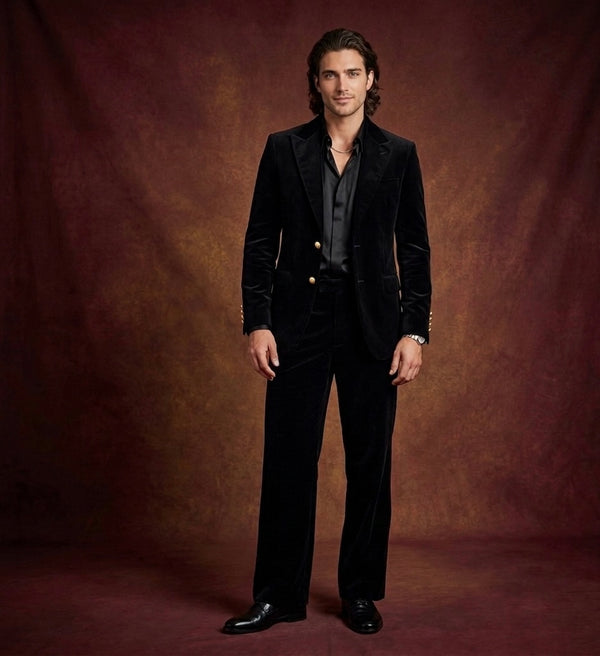 Man wearing a black velvet suit against a brown background