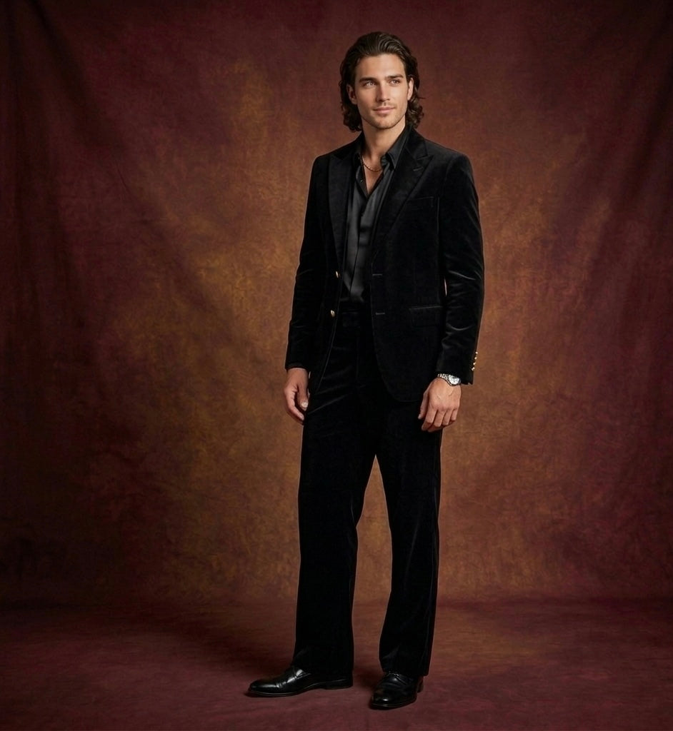 Luxury Black Velvet Suit for Men With Gold Buttons & Wide-Leg Bootcut Pants