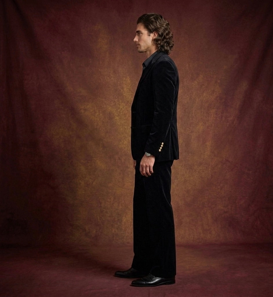 Luxury Black Velvet Suit for Men With Gold Buttons & Wide-Leg Bootcut Pants