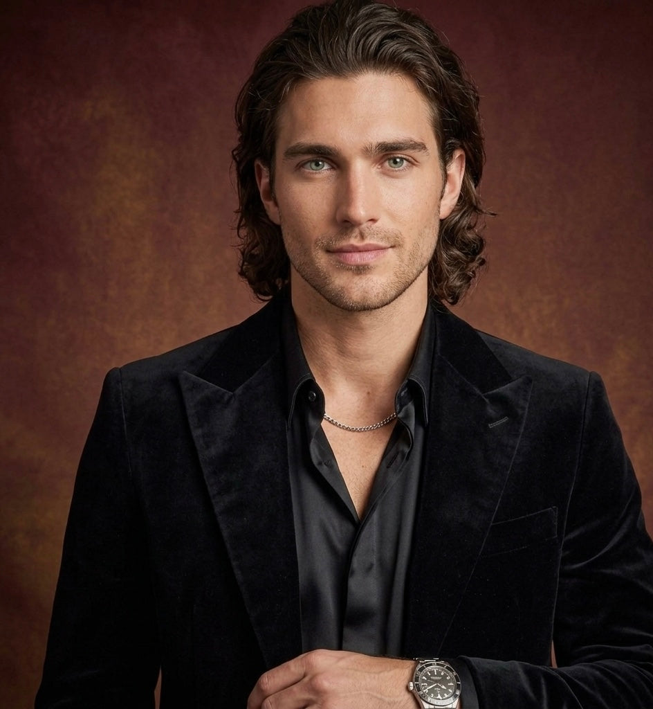 Luxury Black Velvet Suit for Men With Gold Buttons & Wide-Leg Bootcut Pants