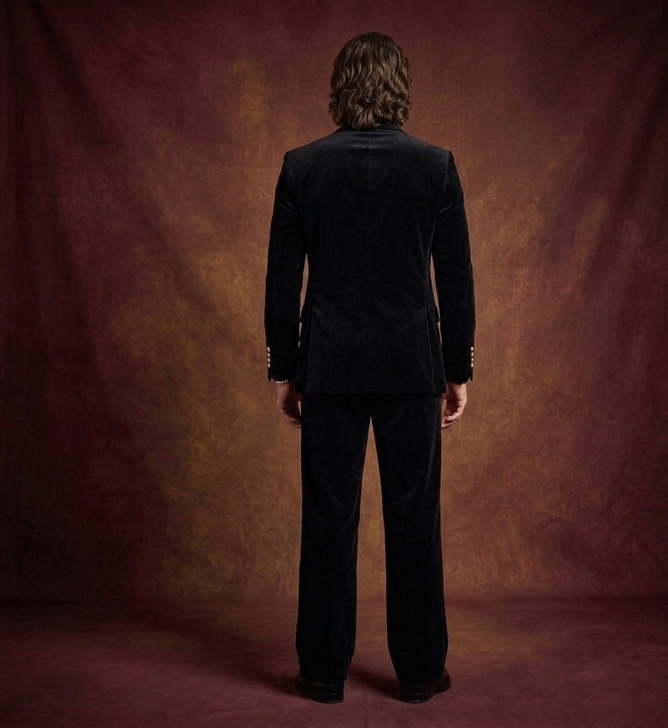Luxury Black Velvet Suit for Men With Gold Buttons & Wide-Leg Bootcut Pants