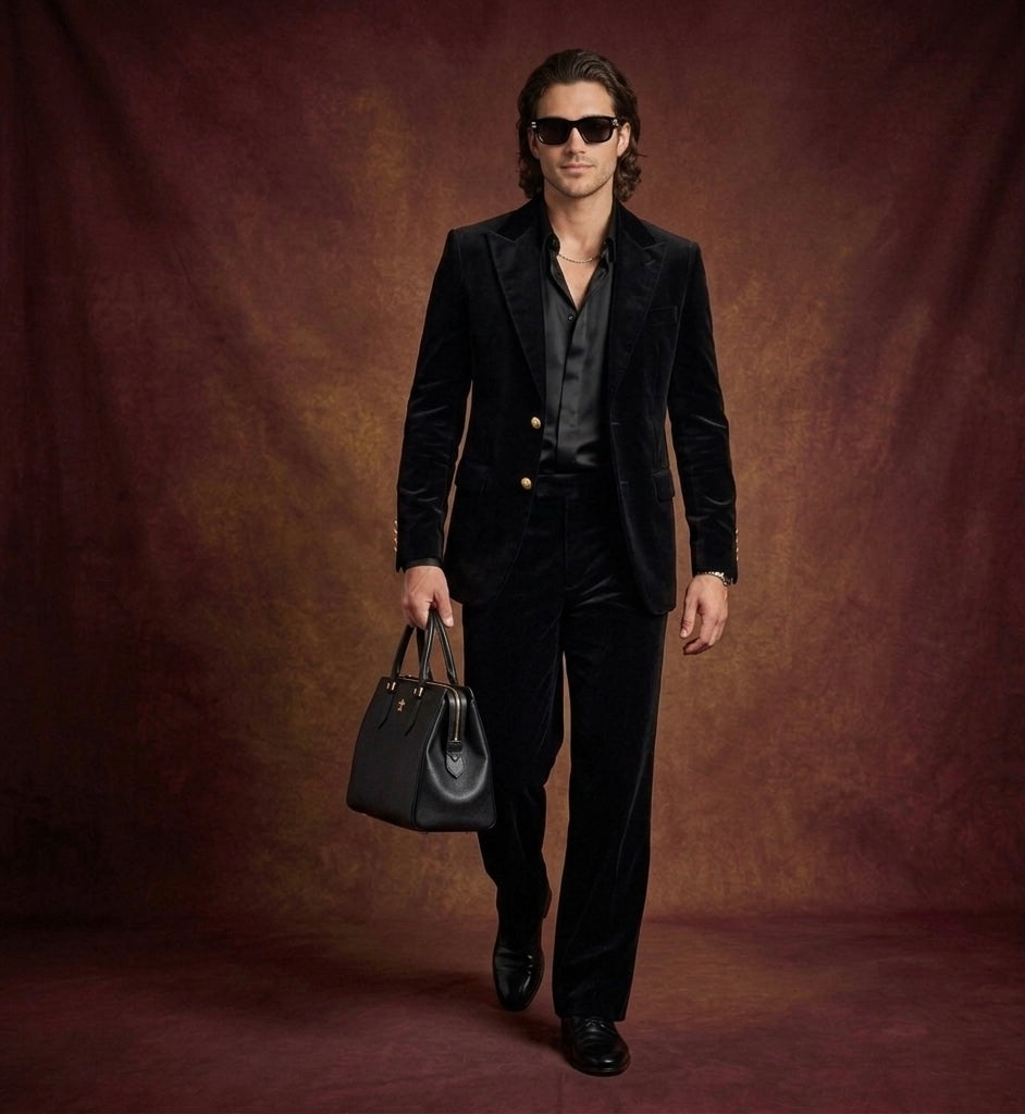 Luxury Black Velvet Suit for Men With Gold Buttons & Wide-Leg Bootcut Pants