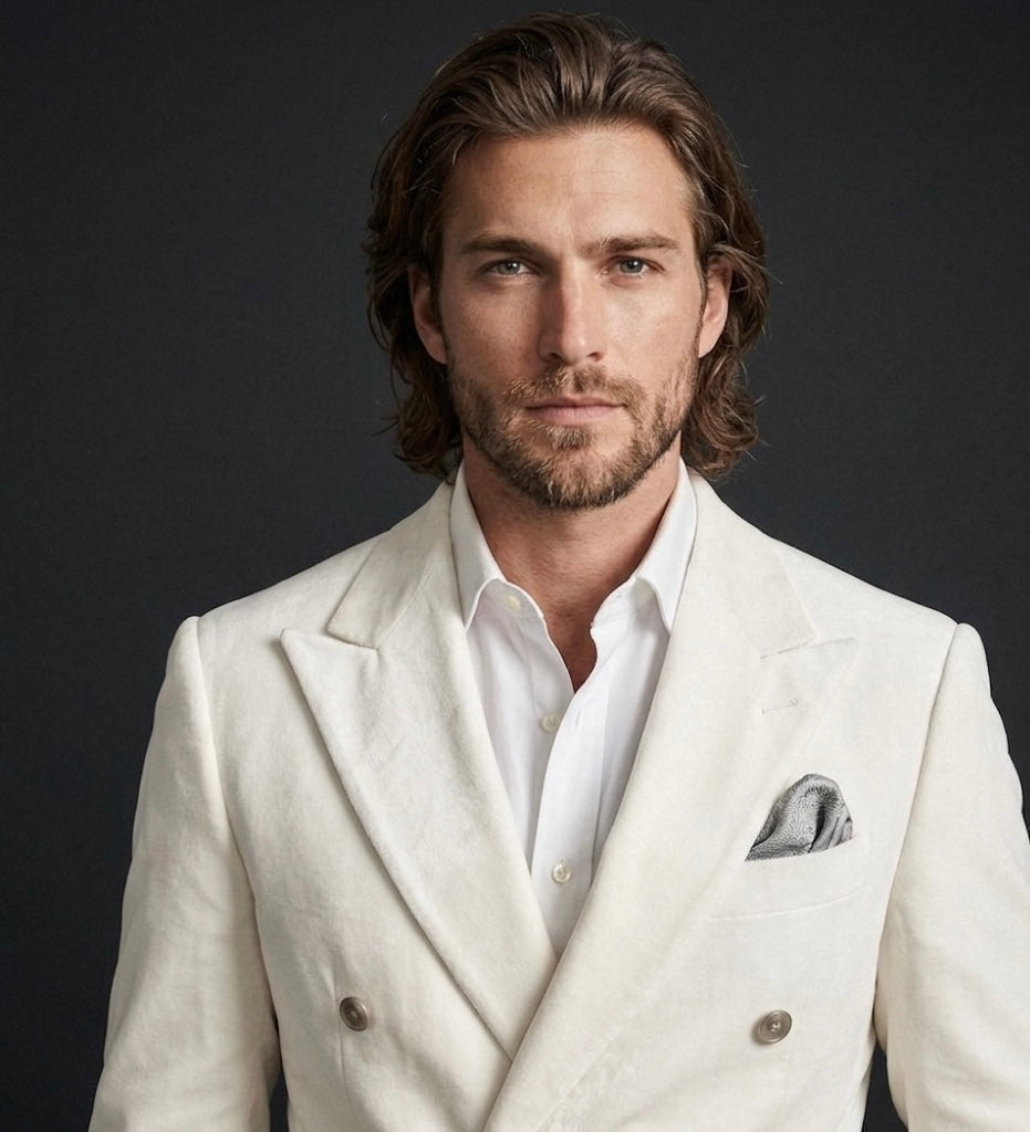 Luxury Ivory Velvet Double-Breasted Suit With Wide-Leg Bootcut Trousers