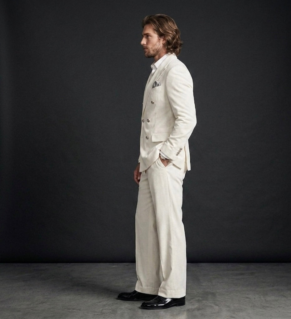 Luxury Ivory Velvet Double-Breasted Suit With Wide-Leg Bootcut Trousers