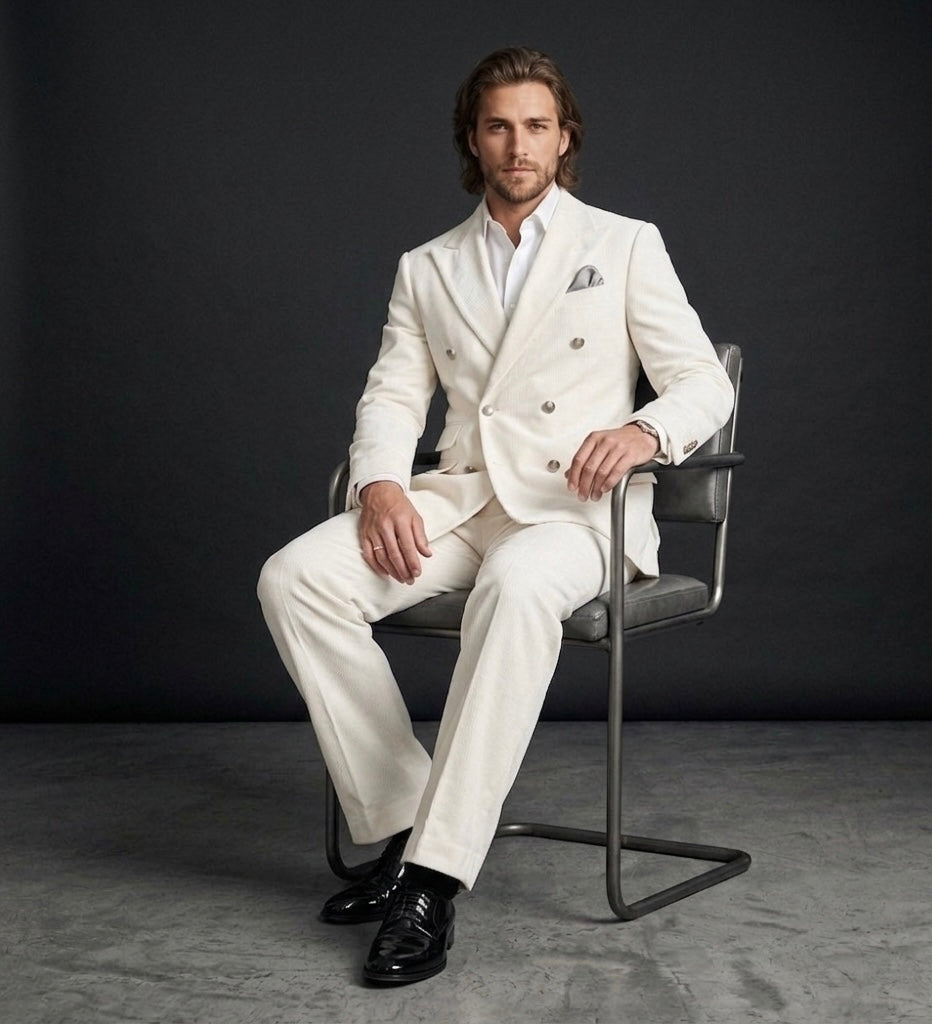 Luxury Ivory Velvet Double-Breasted Suit With Wide-Leg Bootcut Trousers