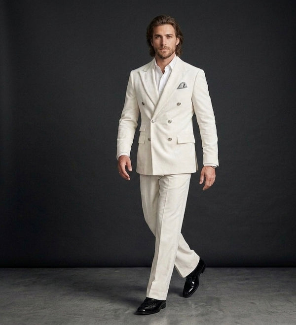 Luxury Ivory Velvet Double-Breasted Suit With Wide-Leg Bootcut Trousers