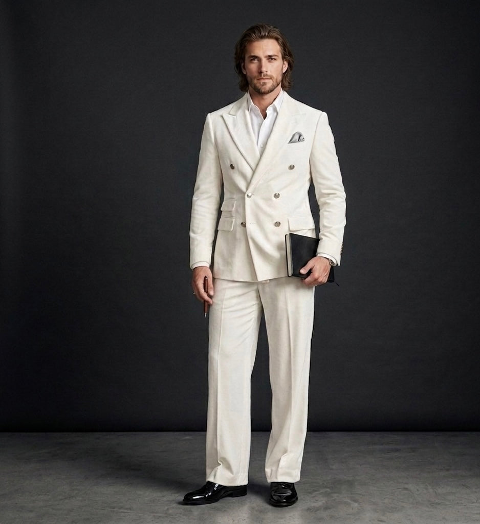 Luxury Ivory Velvet Double-Breasted Suit With Wide-Leg Bootcut Trousers