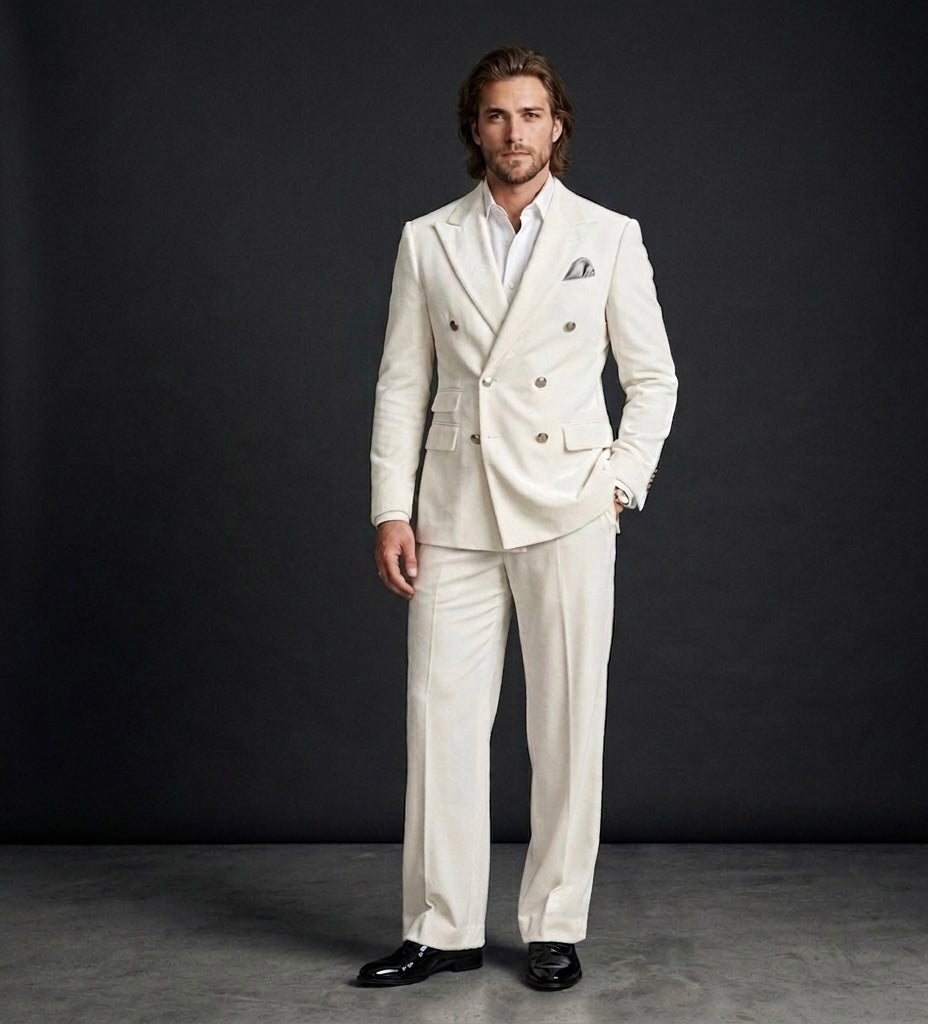 Luxury Ivory Velvet Double-Breasted Suit With Wide-Leg Bootcut Trousers