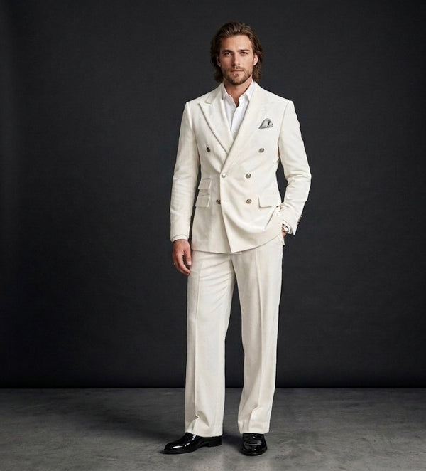 Luxury Ivory Velvet Double-Breasted Suit With Wide-Leg Bootcut Trousers