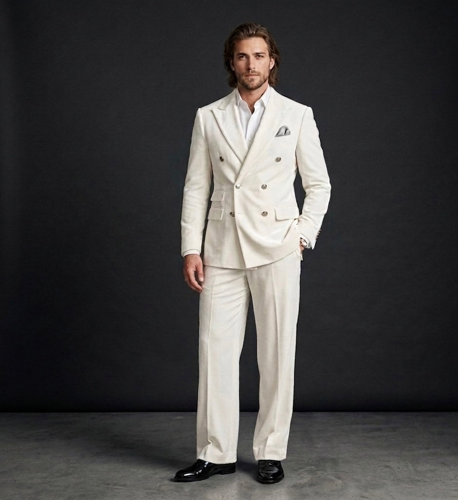 Luxury Ivory Velvet Double-Breasted Suit With Wide-Leg Bootcut Trousers