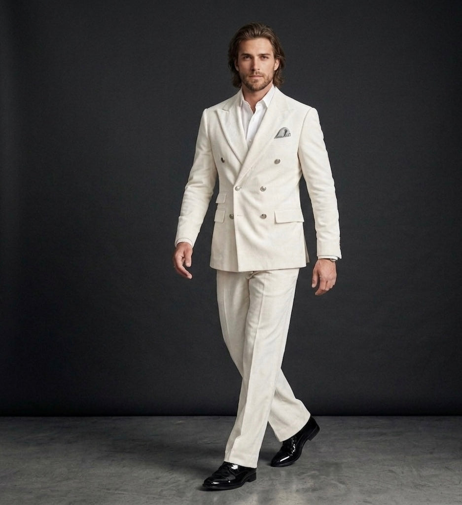 Luxury Ivory Velvet Double-Breasted Suit With Wide-Leg Bootcut Trousers
