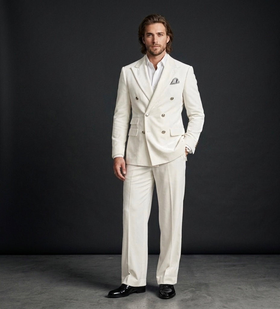 Luxury Ivory Velvet Double-Breasted Suit With Wide-Leg Bootcut Trousers