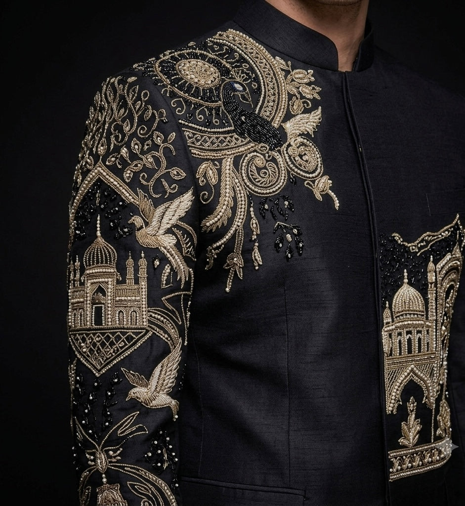 Jodhpuri Suit Luxury Black Silk Hand Embroidered