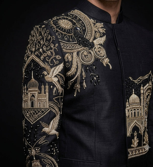 Jodhpuri Suit Luxury Black Silk Hand Embroidered