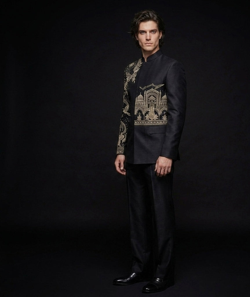 Jodhpuri Suit Luxury Black Silk Hand Embroidered