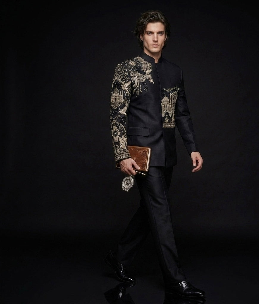 Jodhpuri Suit Luxury Black Silk Hand Embroidered