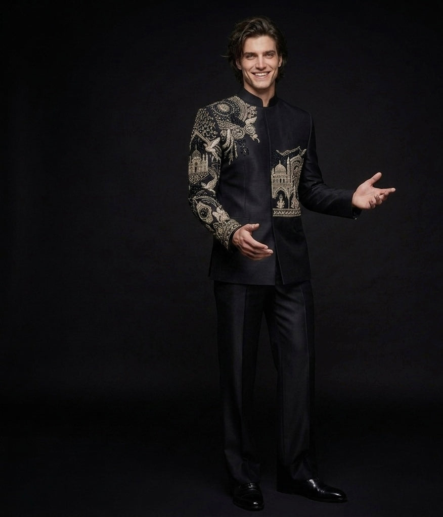 Jodhpuri Suit Luxury Black Silk Hand Embroidered