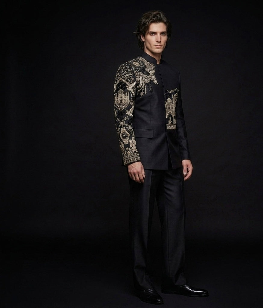 Jodhpuri Suit Luxury Black Silk Hand Embroidered