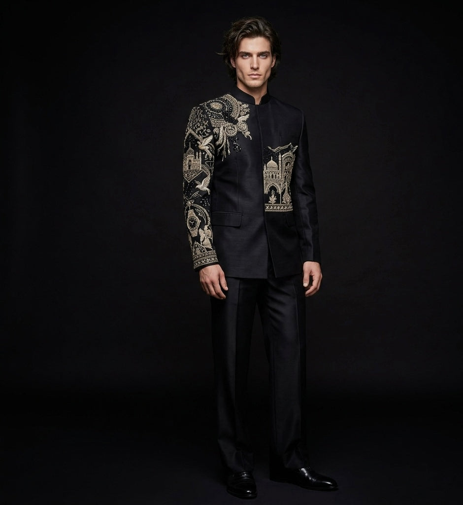 Jodhpuri Suit Luxury Black Silk Hand Embroidered